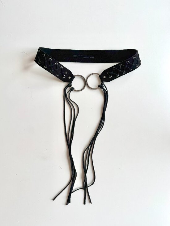 Unbranded Accessories - Unbranded Black Suede Leather Woven Fringed Belt, Size M/L